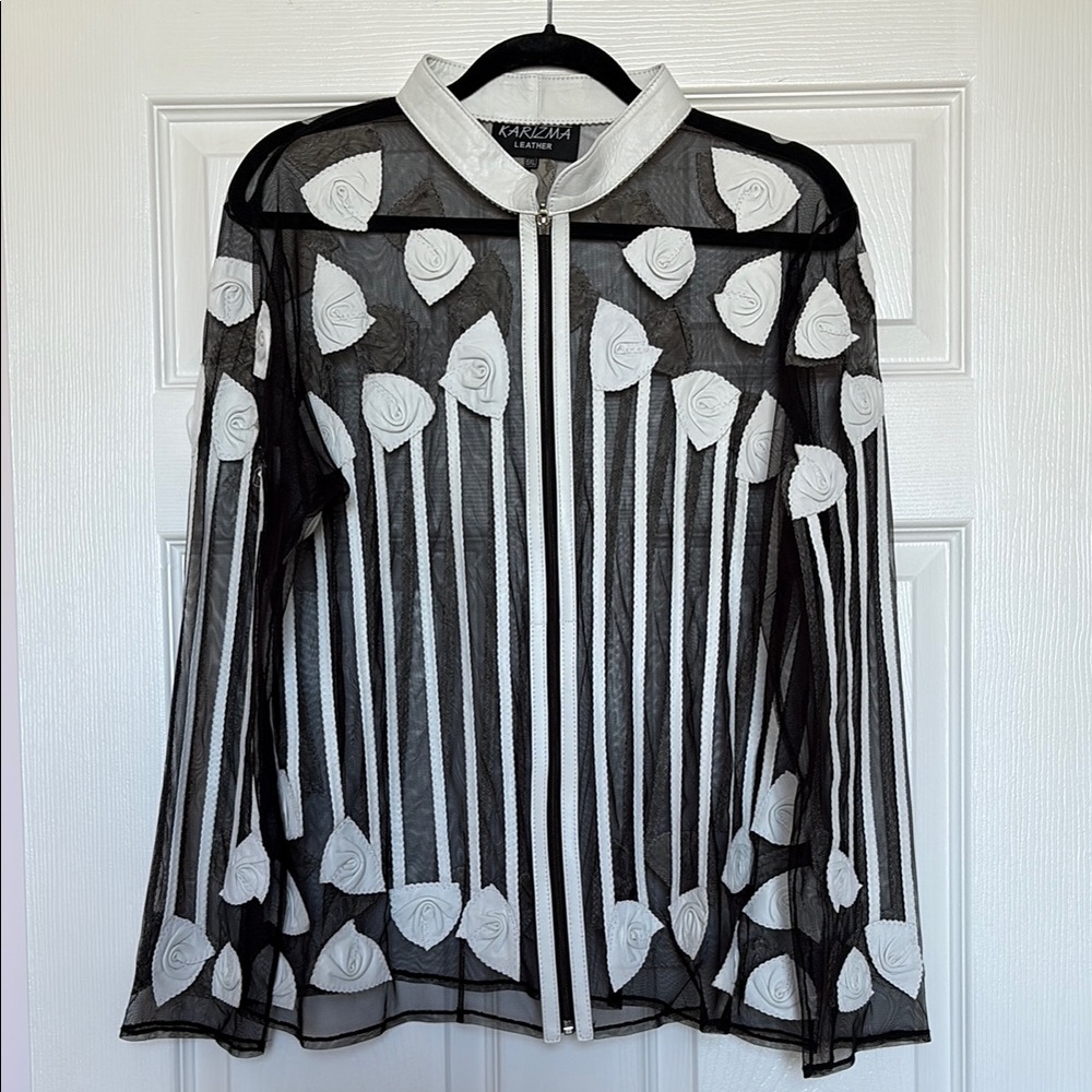 Karizma Black and White Floral Leather Mesh Blazer